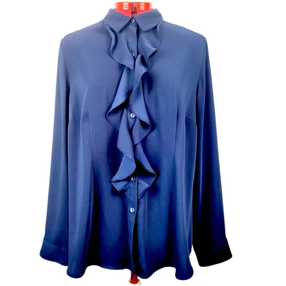Chicos Colbalt Blue Ruffle Front Silky Blouse Size 2 Medium 12-14 - Picture 2 of 14